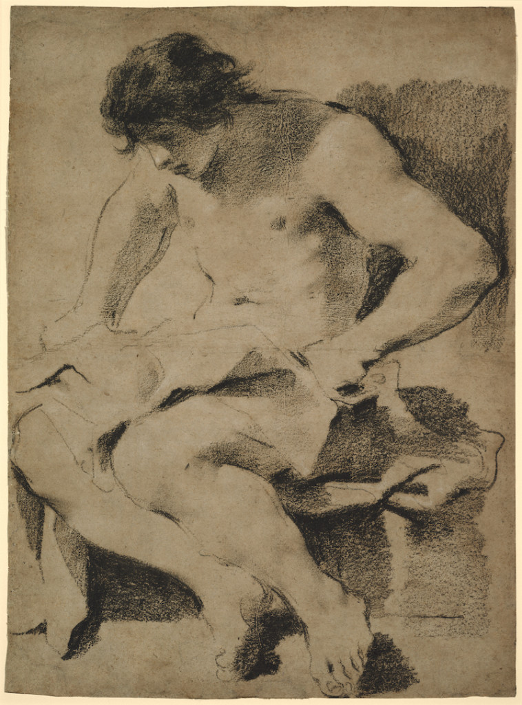 4-8 Guercino, Seated Young Man Looking Down, ca, 1619. Oiled charcoal with white chalk highlights on gray-brown paper, 57.2 x 42.7 cm. J. Paul Getty Museum, Malibu.