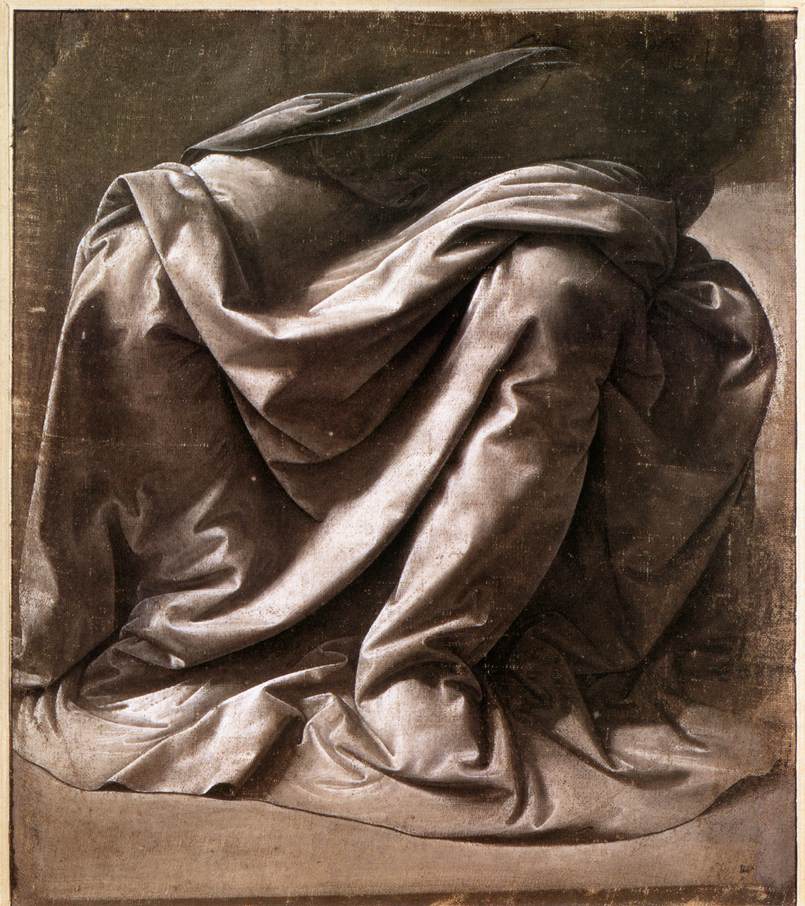 3-1 Leonardo da Vinci, Drapery Study for a Seated Figure, ca. 1470-1475. Brush and gray tempera highlighted with white on a gray prepared canvas, 26.5 x 25.3 cm. Louvre Museum, Paris.
