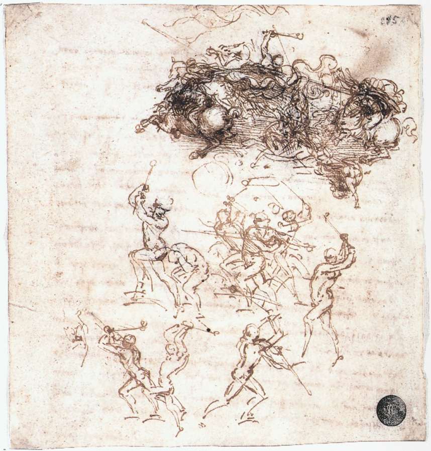 3-9 Leonardo da Vinci, Horsemen and Foot Soldiers in Battle [for Battle of Anghiari], 1503-1506. Pen and ink over black chalk, 16.4 x 15.2 cm. Galleries dell'Accademia, Venice.