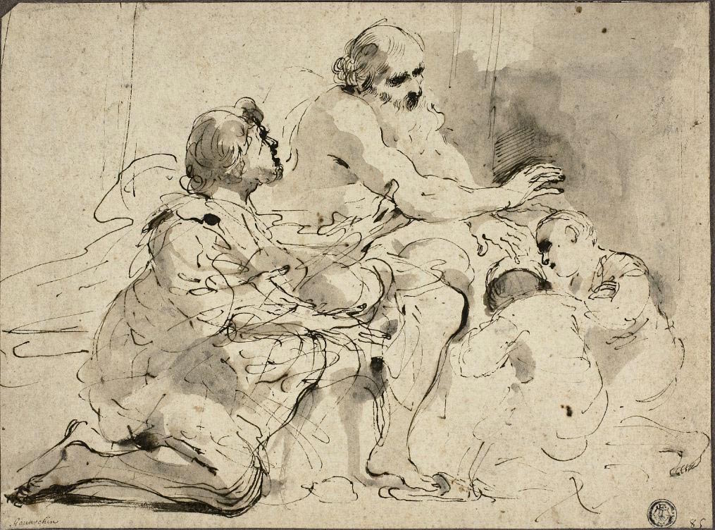 4-9 Guercino, Jacob Blessing the Sons of Joseph, 1620. Pen and ink and wash over traces of black chalk on ivory laid paper, 1 8.2 x 24.5 cm. The Art Institute of Chicago.