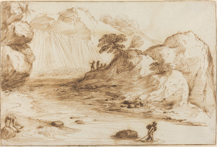 4-10 Guercino, Landscape with a Waterfall, unknown date. Pen and ink on laid paper, 28.8 x 42.7 cm. National Gallery of Art, Washington, D. C.