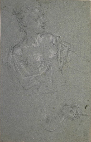 3-38 Veronese, Study of a Seated Woman, 1573. Black chalk on blue prepared paper heightened with white, 30 x 19.3 cm. Musée du Louvre, Paris.