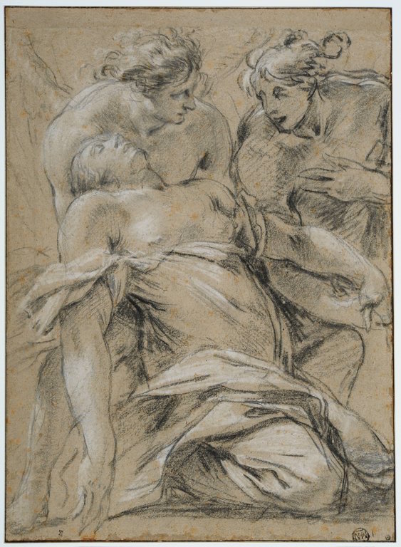4-18 Simon Vouet, Fainting Magdalen Supported by Two Angels, ca. 1640. Black chalk heightened with white on beige paper, 31 x 23.3 cm. Musée du Louvre.