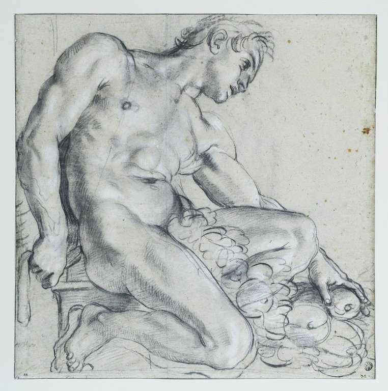 4-5 Annibale Carracci, A Seated Ignudo with a Garland, 1598-1599. Black chalk heightened with white chalk on gray paper, 41.2 x 41.0 cm. Musée du Louvre, Paris.