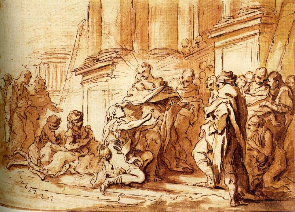 5-11 François Boucher, The Miracle of the Beggar Born Blind, ca. 1725-1727. Pen and ink, wash on red chalk sketch, 23.2 x 32.4 cm. École Nationale Supériore des Beaux-Arts, Paris.