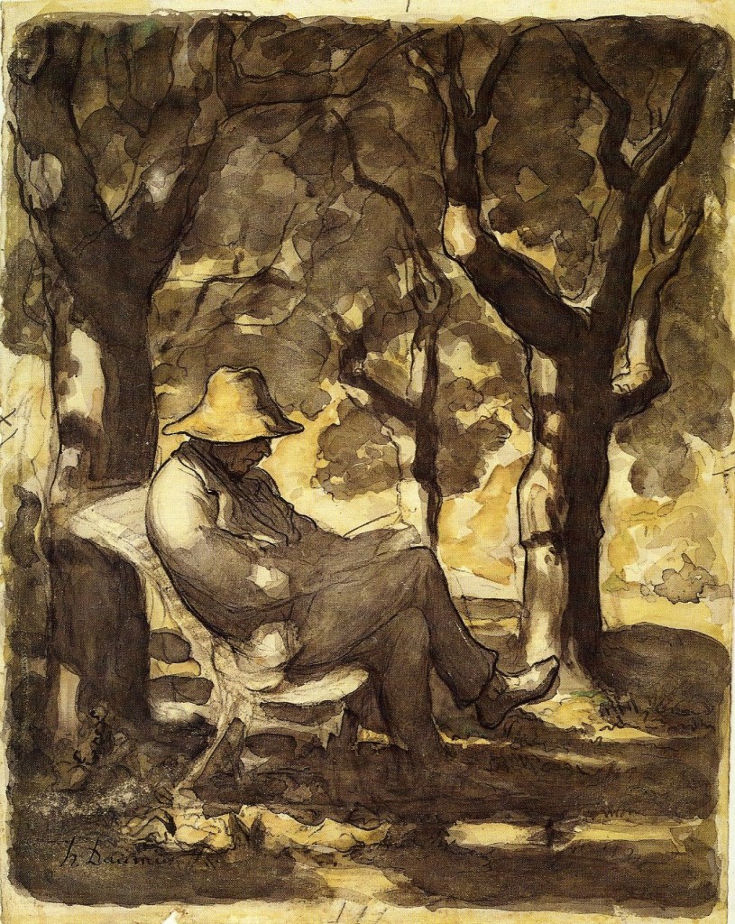 6-17 Honoré Daumier, A Man Reading in a Garden, ca. 1865-70. Pen and ink over black chalk, and watercolor, 31.5 x 24.5 cm. New York, The Metropolitan Museum of Art.