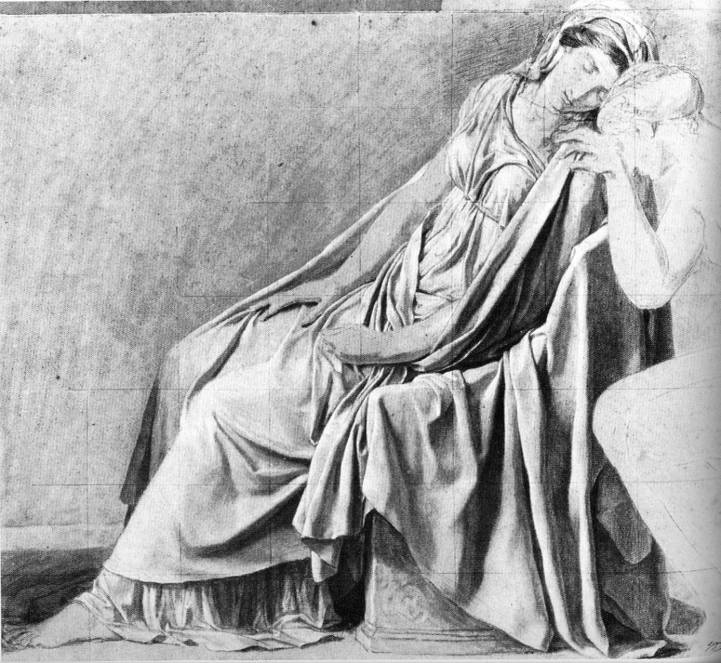 5-29 Jacques-Louis David, Study for ‘The Oath of the Horatii,’ 1784-1785. Black chalk, white heightening, 46.5 x 51 cm. Musée d’Angers, Angers.