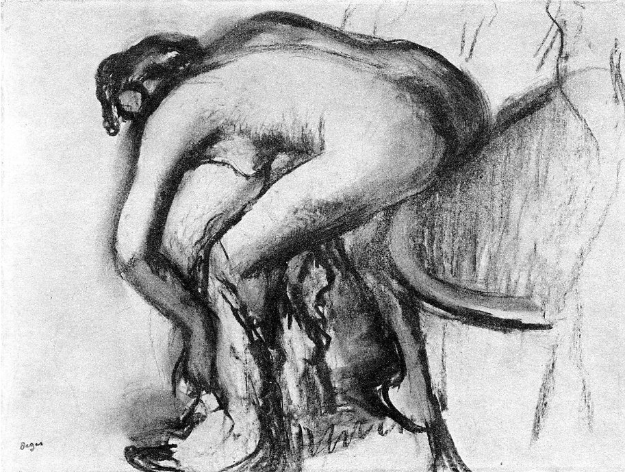 6-29 Edgar Degas, After the Bath, Woman Drying her Legs, ca. 1900-05. Charcoal on tracing paper mounted on card, 40 x 54 cm. Stuttgart, Graphische Sammlung, Staatsgalerie Stuttgart.
