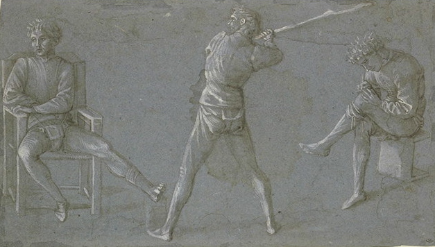 2-16 Dominico Veneziano [or Luca della Robbia?], Studies of Three Figures, ca. 1440. Brush and brown pigment, with white heightening on blue paper, 18.3 x 32.4 cm. Musée du Louvre, Paris.