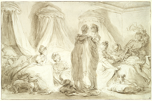 5-18 Jean Honoreé Fragonard, Working Girls Getting Ready for Bed, ca. 1769. Brush and wash, pen and ink over graphite, 23.9 x 36.7 cm. Fogg Art Museum, Cambridge