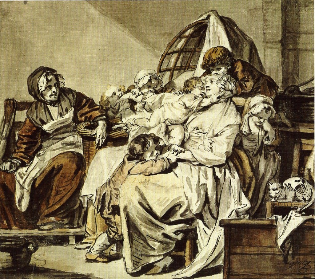 5-23 Jean-Baptiste Greuze, Compositional Study for ‘The Beloved Mother’, 1765. Pen and brush with black and brown ink over graphite, 33.2 x 37.8 cm. Albertina, Vienna.