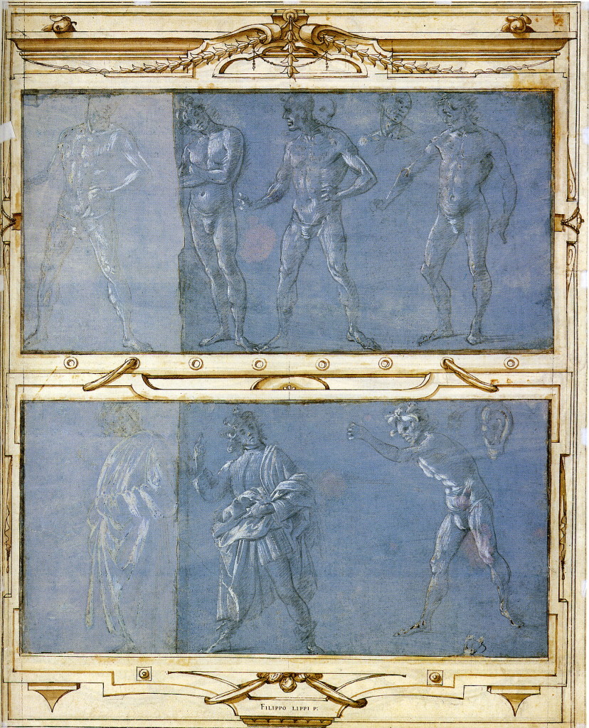 2-19 Filippino Lippi, Four Male Nudes; Two Clothed Men, Male Nude, Ear. Metalpoint heightened with white gouache on blue prepared paper, each sheet extended on left; top sheet, 20. 7 x 41.5 cm., bottom, 20.7 x 40.8 cm. Framed in Giorgio Vasari’s Libro de’ disegni. Pen and brown ink, brown and gray wash, 56.5 x 45.0 cm. Christ Church Picture Gallery, Oxford. [not in scale]