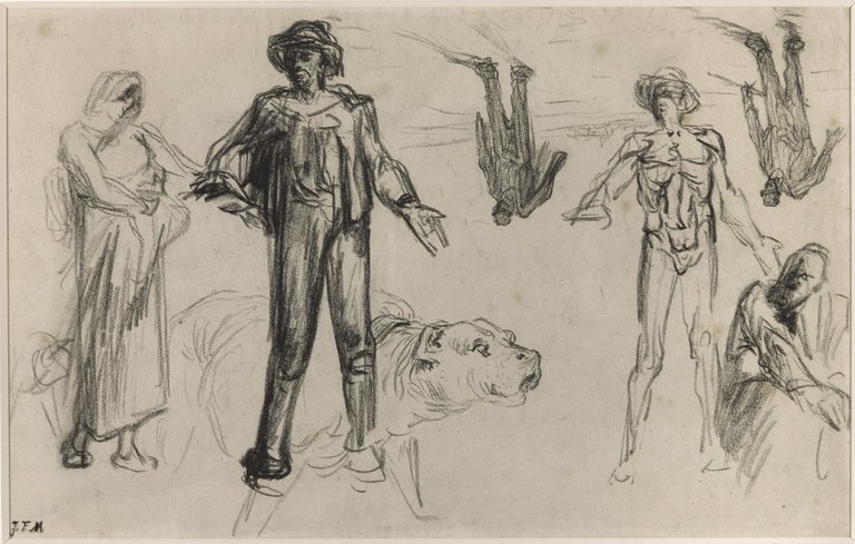 6-18 Jean-François Millet, Studies for “Harvesters Resting,” ca. 1852-53. Black conté crayon, 19.24 x 29.9 cm. New York, Brooklyn Museum.