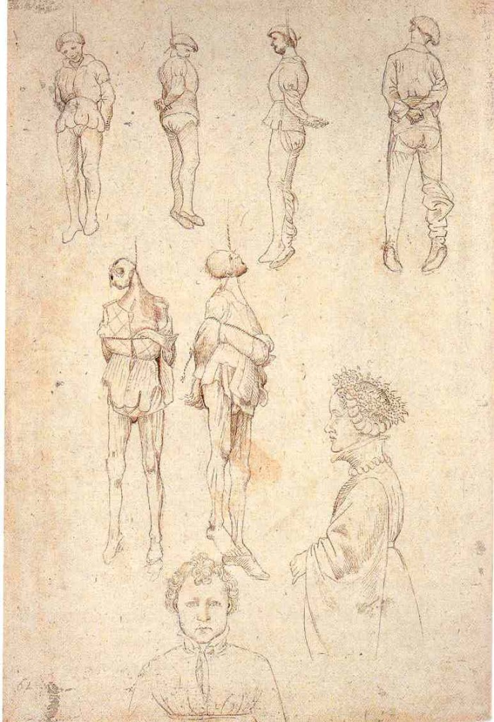 2-9 Pisanello, Study of Three Hanged Men, Dwarf, and Child's Head, ca. 1434-38. Pen and ink over metalpoint, 28.3 x 19.3 cm. British Museum, London.