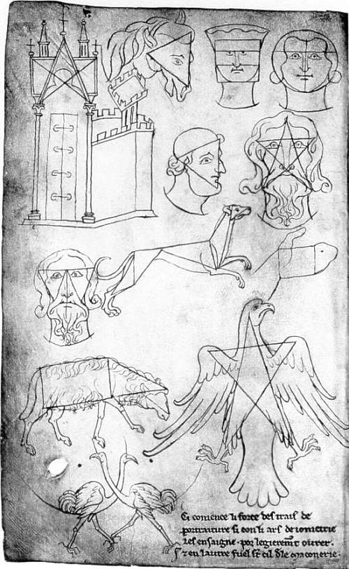 1-10 Villard de Honecourt, Portfolio, Plate 36, ca. 1230. Leadpoint and ink on parchment, ca. 24 x 16 cm. Bibliothèque Nationale, Paris.