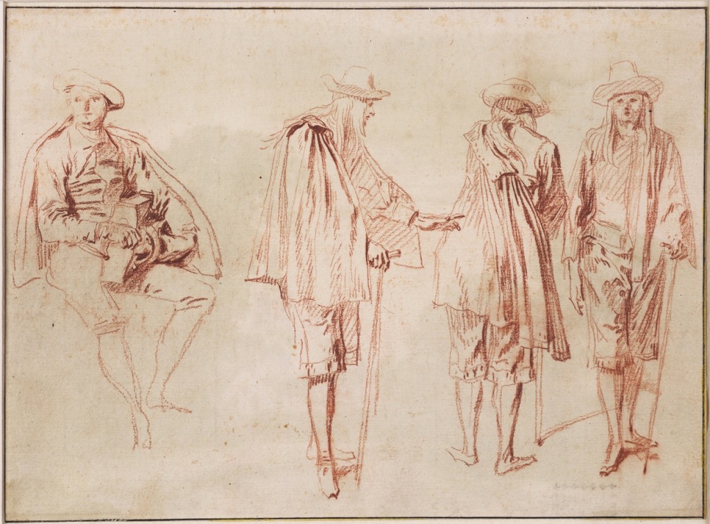 5-1 Antoine Watteau, A Hurdy Gurdy Player and Three Sketches of a Man, ca. 1714. Red chalk on cream paper, 16.2 x 22 cm. Teylers Museum, Haarlem.