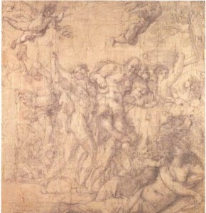 4-6 Annibale Carracci, A Bacchic Procession with Silenus, ca. 1598. Black chalk heightened with white on more than fifty joined sheet of formerly gray-blue paper. 345 x 332 cm. Galleria Nazionale delle Marche, Urbino.