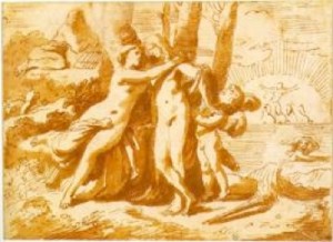 4-19 Nicolas Poussin, Acis, Galatea, and Polyphemus, ca. 1627-1630. Pen and ink, wash, over light black chalk, 13 x 18 cm. Musée Condé, Chantilly.