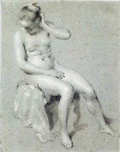 4-57 Jacob Backer, Seated Female Nude, ca. 1650. Black and white chalk on blue paper, 28.8 x 22.8 cm. The Maida and George Abrams Collection, Fogg Art Museum, Cambridge.
