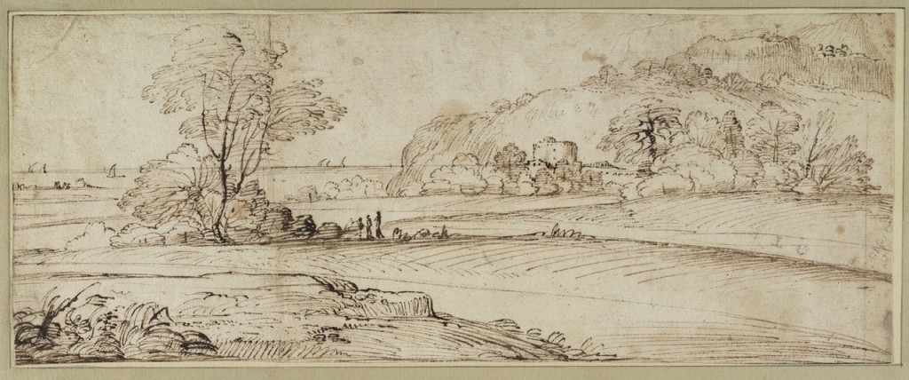 4-7 Annibale Carracci, Coastal Landscape, ca. 1599. Pen and brown ink over traces of black chalk, 14.9 x 37.6 cm. Teylers Museum, Haarlem.