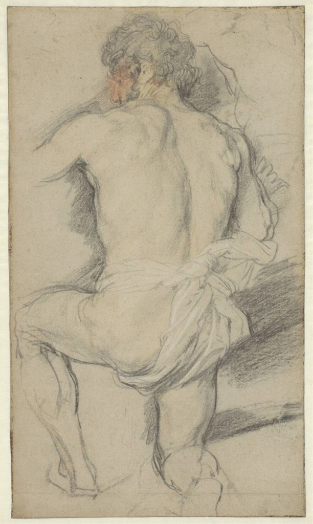 4-34 Anthony van Dyck, A Kneeling Man, Seen from Behind, 1618-21. Black, red, and yellow chalk, heightened with white. 46.3 x 27 cm. The Museum Boijmans Van Beuningen, Rotterdam.